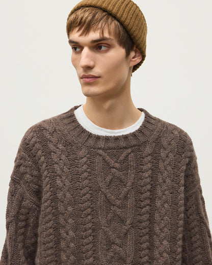 JOHNSTONS OF ELGIN MACDONALD CABLE CREW CASHMERE ARAN CABLE CREW SWEATER BROWN 100% CASHMERE KAB06009HB7126
