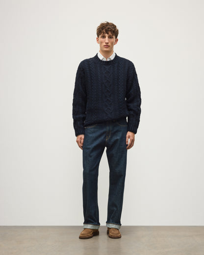 JOHNSTONS OF ELGIN MACDONALD CABLE CREW CASHMERE ARAN CABLE CREW SWEATER DARK BLUE 100% CASHMERE KAB06009HD7347