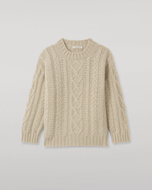 JOHNSTONS OF ELGIN MABEL CREW SWEATER CASHMERE ARAN CABLE ROUND NECK SWEATER CREAM 100% CASHMERE KAB06123HA0396