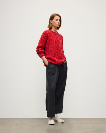 JOHNSTONS OF ELGIN MABEL CREW SWEATER CASHMERE ARAN CABLE ROUND NECK SWEATER RED 100% CASHMERE KAB06123HE4390