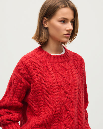 JOHNSTONS OF ELGIN MABEL CREW SWEATER CASHMERE ARAN CABLE ROUND NECK SWEATER RED 100% CASHMERE KAB06123HE4390