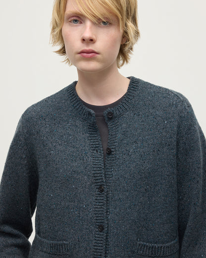 Model wearing Johnstons of Elgin AW25 Women's Knitwear Storm Donegal Donegal Cashmere Blue Cardigan Details KAC05494006336