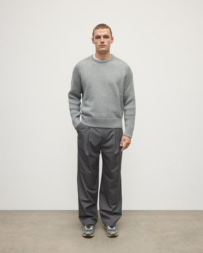 Front view of model wearing Johnstons of Elgin AW25 Men's Knitwear Light Grey Ribbed Grey Cashmere Jumper KAC05540HA0308