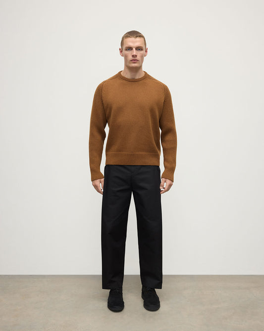 Front view of model wearing Johnstons of Elgin AW25 Men's Knitwear Dark Camel Ribbed Camel Cashmere Jumper KAC05540SB4620