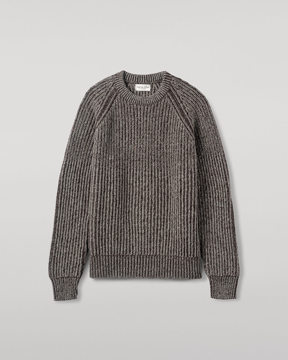 Johnstons of Elgin AW25 Men's Knitwear Peregrine Donegal & Molasses Ribbed Donegal Cashmere Grey Jumper Details  KAC05581Q25393