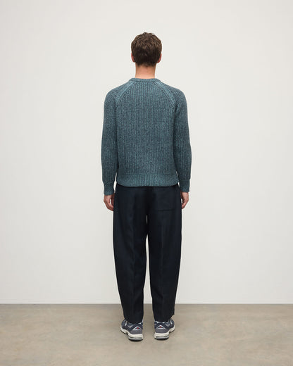 Model wears Johnstons of Elgin AW25 Men's Knitwear Storm Donegal & Seascape Ribbed Donegal Cashmere Blue Jumper Back KAC05581Q25392