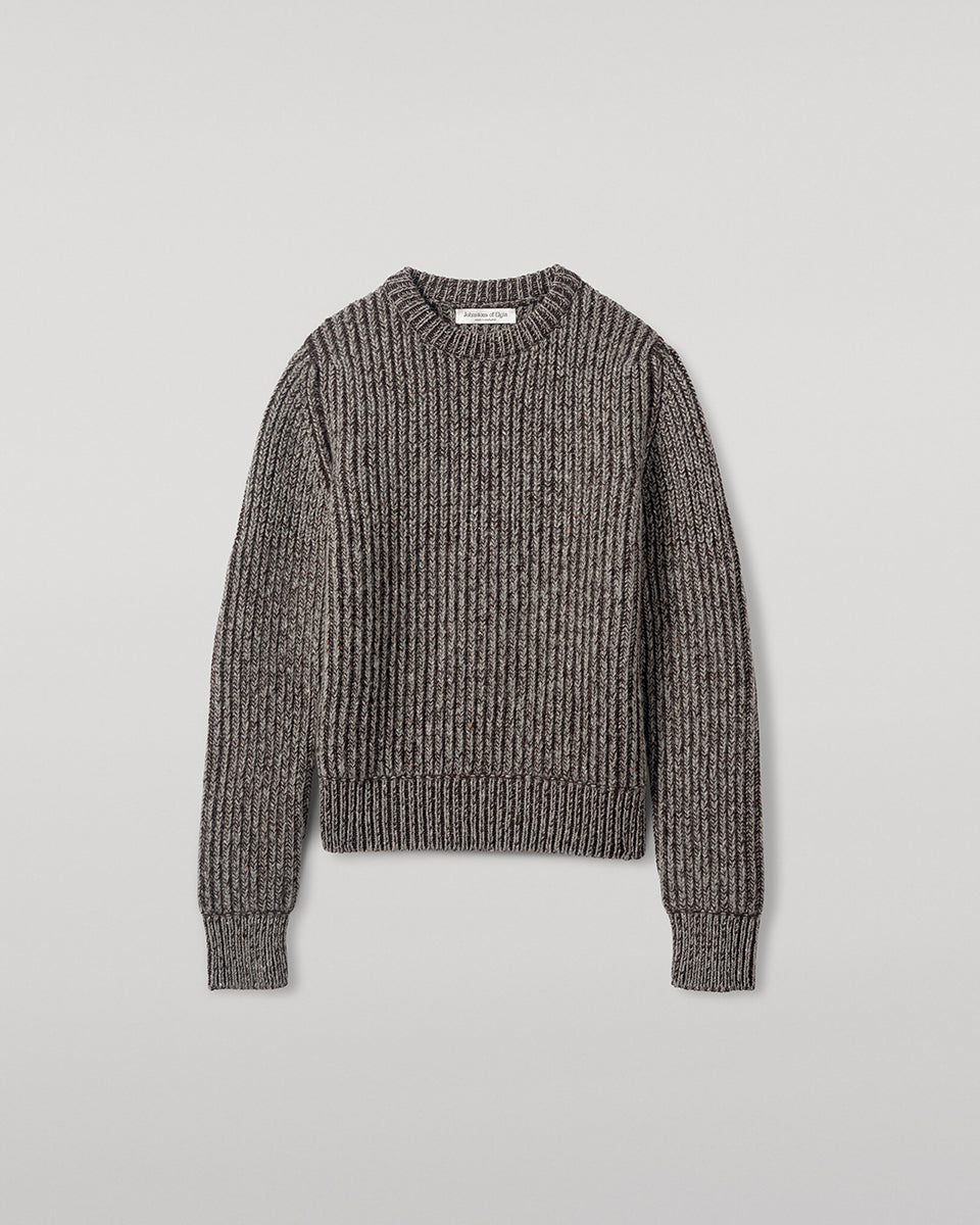 Johnstons of Elgin AW25 Women's Knitwear Peregrine Donegal & Molasses High Neck Donegal Cashmere Brown Jumper Close Up KAC05590Q25393