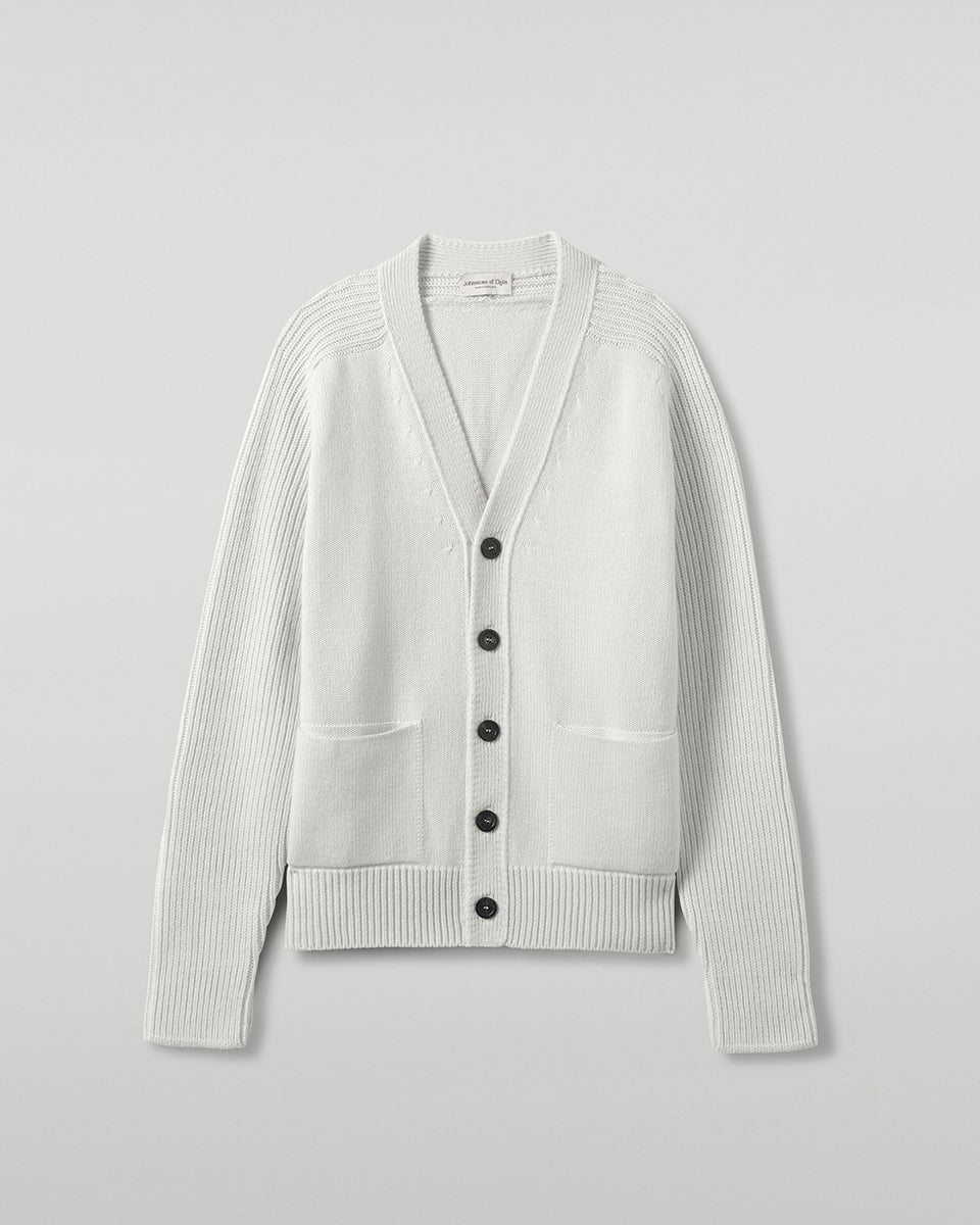 Johnstons of Elgin AW25 Men's Knitwear Zinc White Ribbed Cashmere White Cardigan KAC05601HA0371