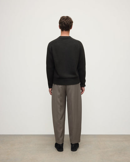 Model wears Johnstons of Elgin AW25 Men's Knitwear Iron Ribbed Cashmere Grey Cardigan Back KAC05601SC7330