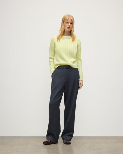 JOHNSTONS OF ELGIN LECHT CREW SWEATER PETITE CASHMERE FLAT RIB ROUND NECK SWEATER - 8 PLY LIGHT YELLOW 100% CASHMERE KAC05706HF0025
