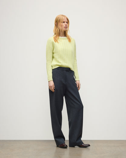 JOHNSTONS OF ELGIN LECHT CREW SWEATER PETITE CASHMERE FLAT RIB ROUND NECK SWEATER - 8 PLY LIGHT YELLOW 100% CASHMERE KAC05706HF0025
