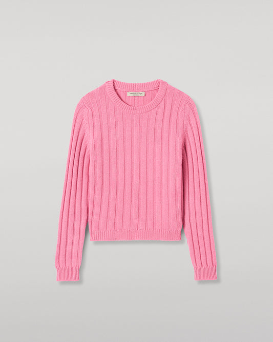 JOHNSTONS OF ELGIN LECHT CREW SWEATER PETITE CASHMERE FLAT RIB ROUND NECK SWEATER - 8 PLY PINK 100% CASHMERE KAC05706SE5394