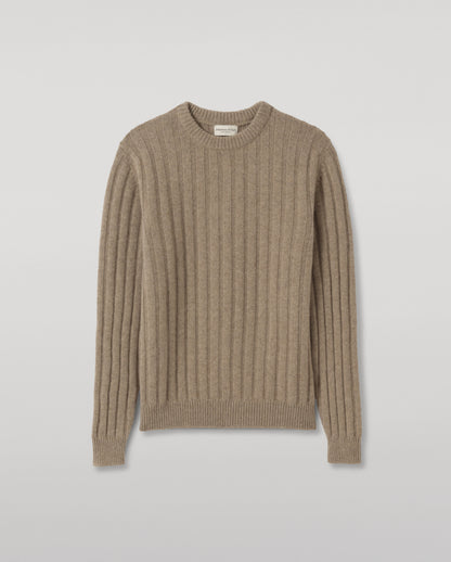 JOHNSTONS OF ELGIN PEEL CREW SWEATER CASHMERE FLAT RIB CREW SWEATER - 8 PLY LIGHT BROWN 100% CASHMERE KAC05751HB4447