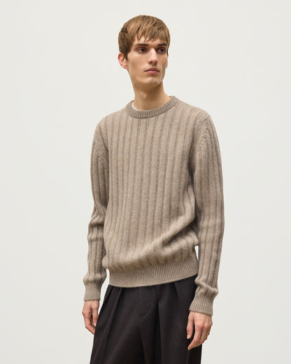 JOHNSTONS OF ELGIN PEEL CREW SWEATER CASHMERE FLAT RIB CREW SWEATER - 8 PLY LIGHT BROWN 100% CASHMERE KAC05751HB4447