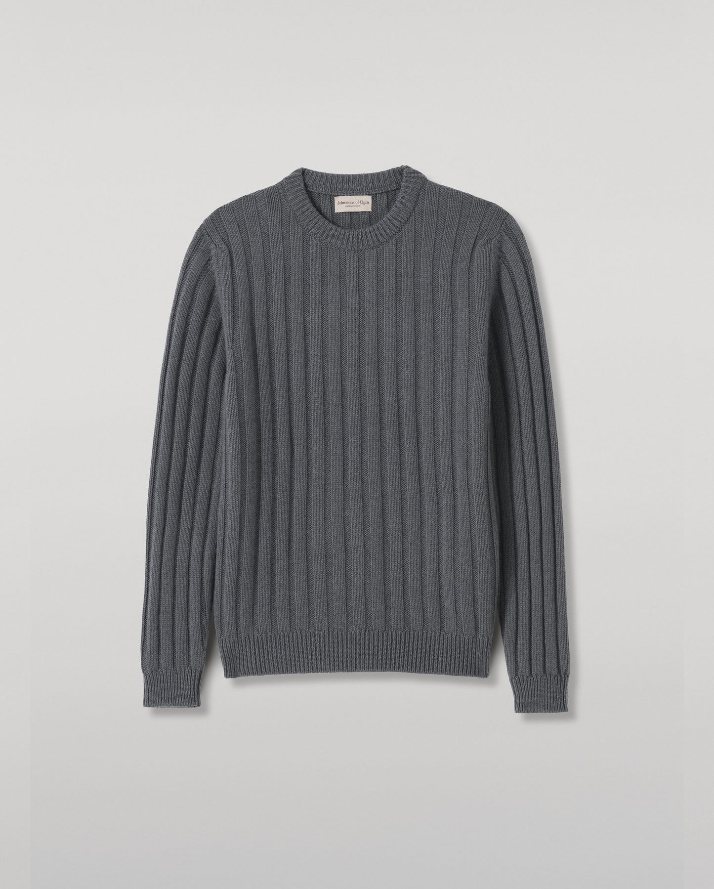 JOHNSTONS OF ELGIN PEEL CREW SWEATER CASHMERE FLAT RIB CREW SWEATER - 8 PLY GREY 100% CASHMERE KAC05751SA7216S