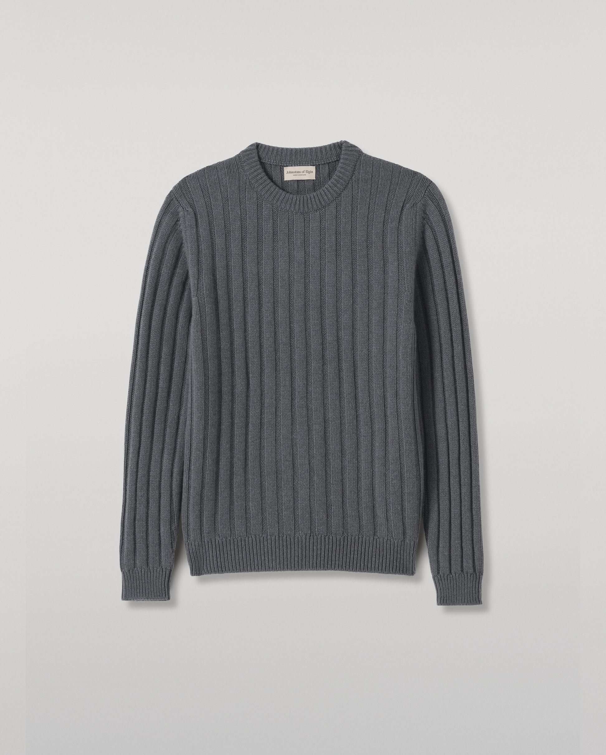 JOHNSTONS OF ELGIN PEEL CREW SWEATER CASHMERE FLAT RIB CREW SWEATER - 8 PLY GREY 100% CASHMERE KAC05751SA7216S