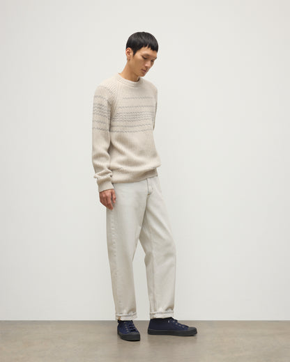 MODEL WEARING JOHNSTONS OF ELGIN MENS SUMMIT CREW SWEATER NATURAL & GREY 100% CASHMERE WITH CREAM JEANS KAC05752Q25975