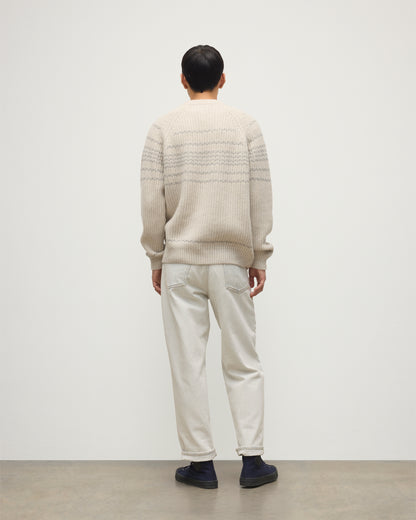 MODEL WEARING JOHNSTONS OF ELGIN MENS SUMMIT CREW SWEATER NATURAL & GREY 100% CASHMERE WITH CREAM JEANS KAC05752Q25975