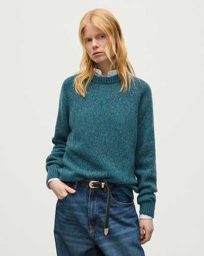 JOHNSTONS OF ELGIN FYFE CREW SWEATER CASHMERE 3 COLOUR MARL CREW SWEATER - 6 PLY BLUE MARL 100% CASHMERE UAC05753007012