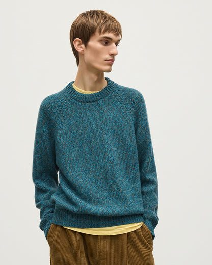 JOHNSTONS OF ELGIN FYFE CREW SWEATER CASHMERE 3 COLOUR MARL CREW SWEATER - 6 PLY BLUE MARL 100% CASHMERE KAC05753007012