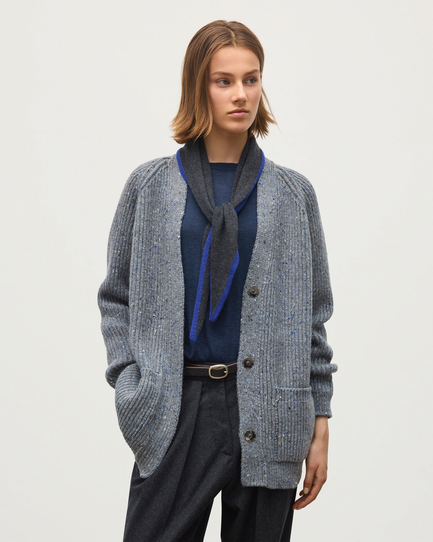 JOHNSTONS OF ELGIN NORAH CARDIGAN DONEGAL CASHMERE RIBBED CARDIGAN WITH POCKETS GREY 100% CASHMERE KAC05992HA4270