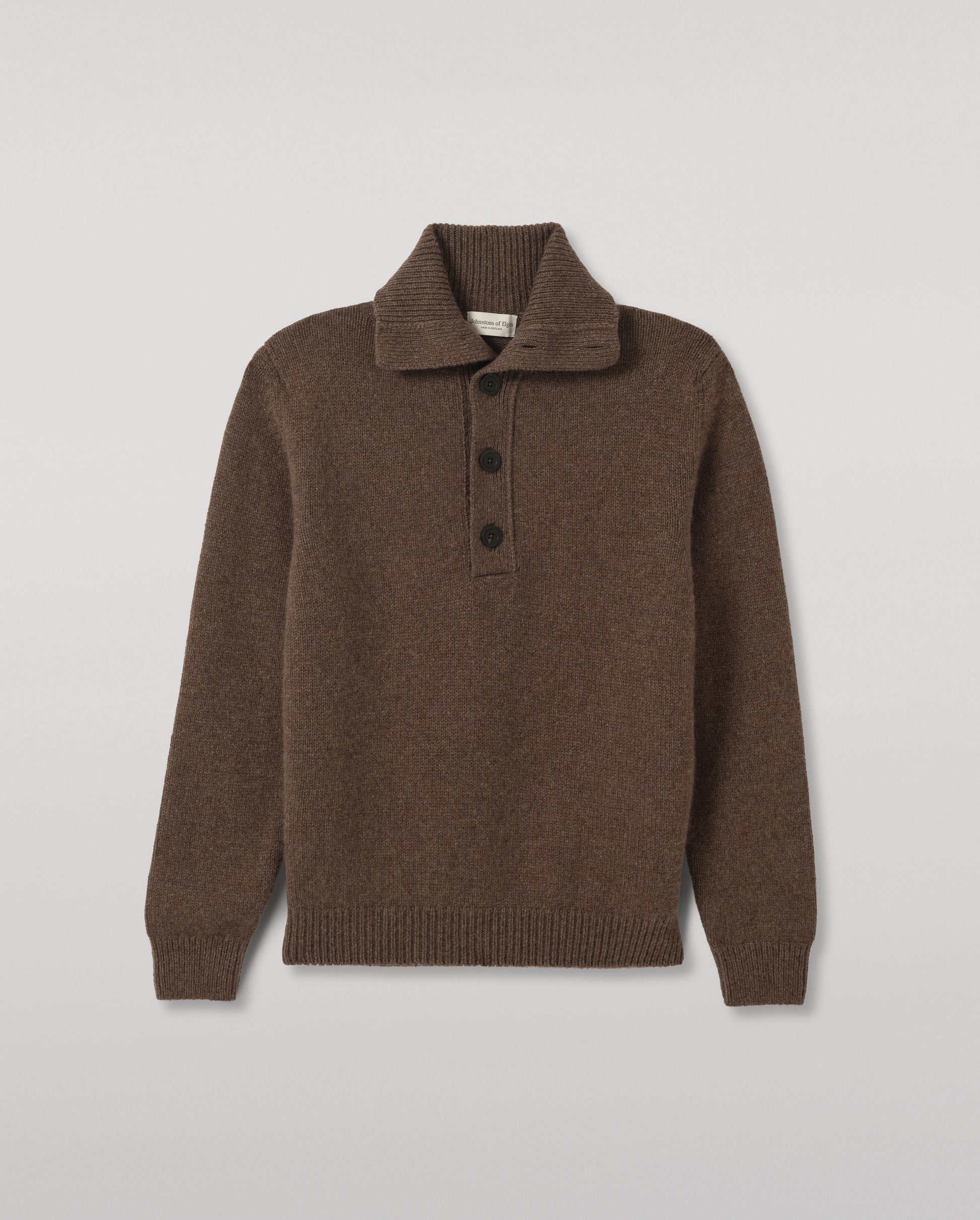 JOHNSTONS OF ELGIN DOUGLAS BUTTON NECK SWEATER CASHMERE BUTTON NECK SWEATER BROWN 100% CASHMERE KAC06010HB7126