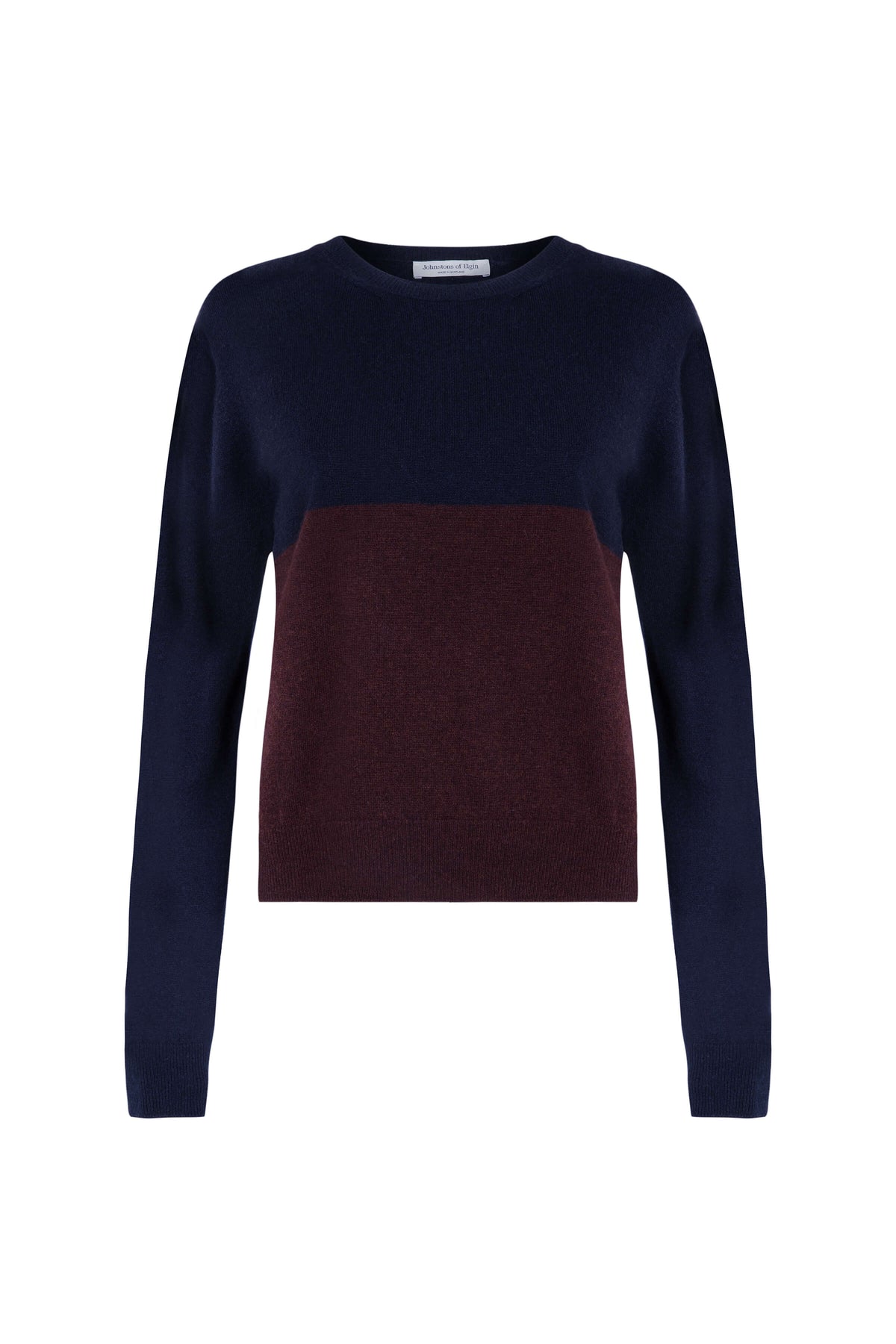 Johnstons of Elgin SS24 Women's Knitwear Malt Brown & Dark Navy Colour Block Cropped Cashmere Sweater KAI05247Q24271