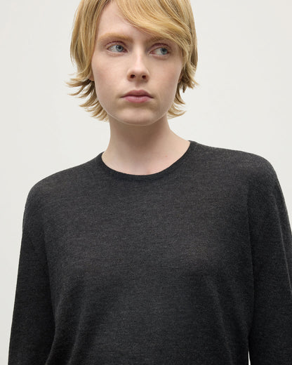 Johnstons of Elgin AW24 Women's Knitwear Charcoal Superfine Cashmere Long Sleeve T-Shirt KAI05318HA7180
