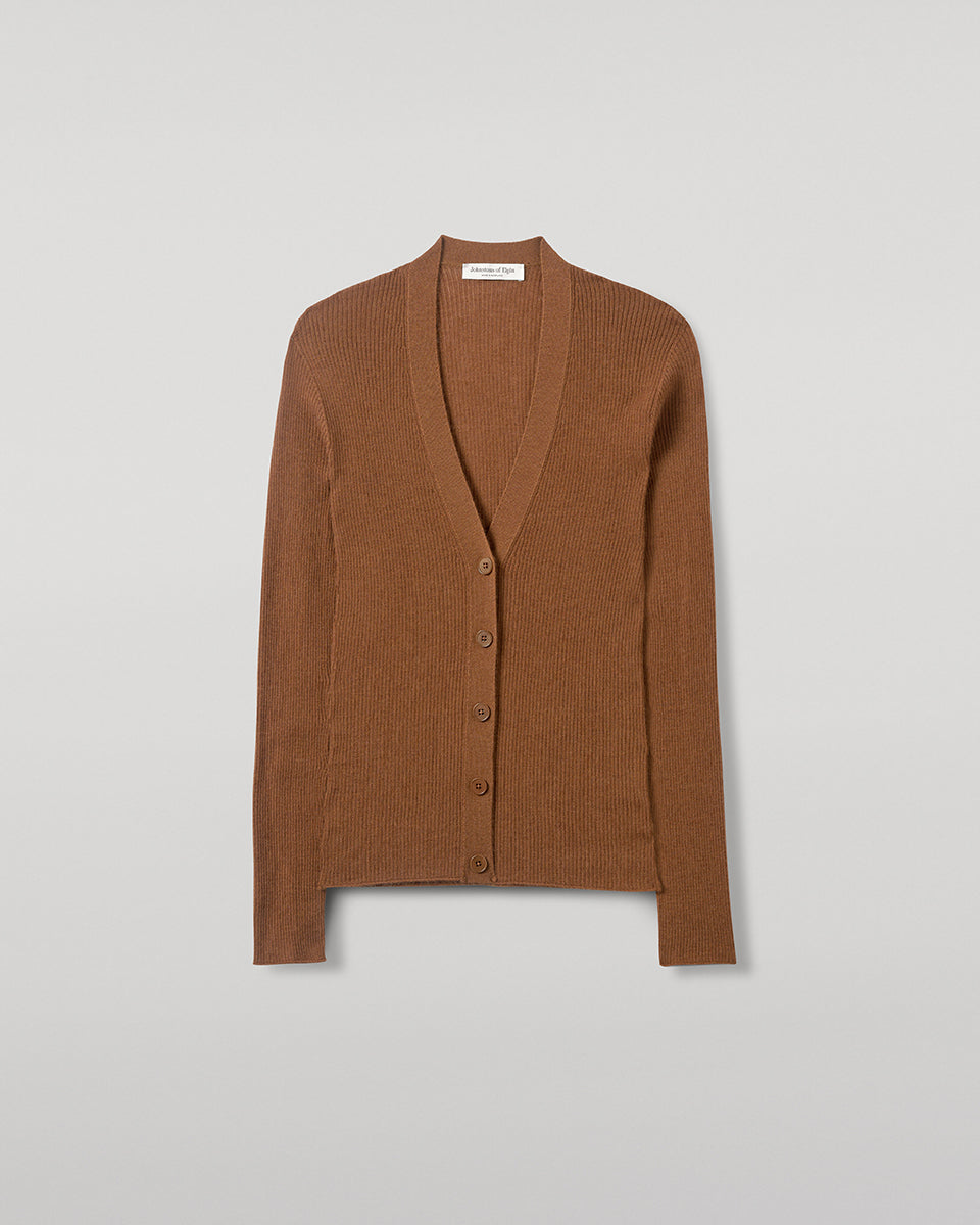 Johnstons of Elgin AW25 Women's Knitwear Dark Camel Superfine Cashmere Camel Cardigan neckline details KAI05372SB7300