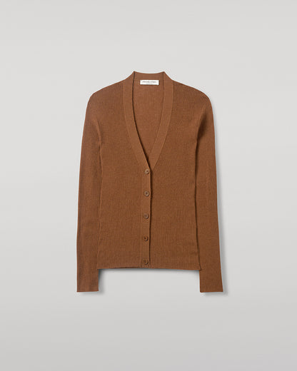 Johnstons of Elgin AW25 Women's Knitwear Dark Camel Superfine Cashmere Camel Cardigan neckline details KAI05372SB7300