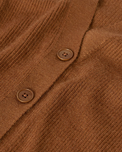 Johnstons of Elgin AW25 Women's Knitwear Dark Camel Superfine Cashmere Camel Cardigan neckline details KAI05372SB7300