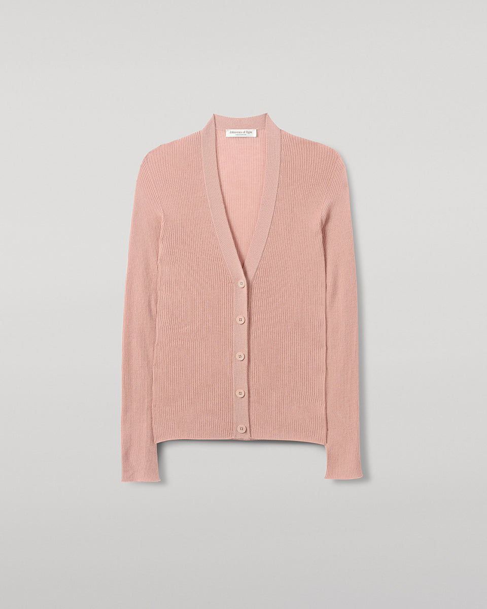 Johnstons of Elgin AW25 Women's Knitwear Nude Superfine Cashmere Pink Cardigan Neckline details KAI05372SE5274
