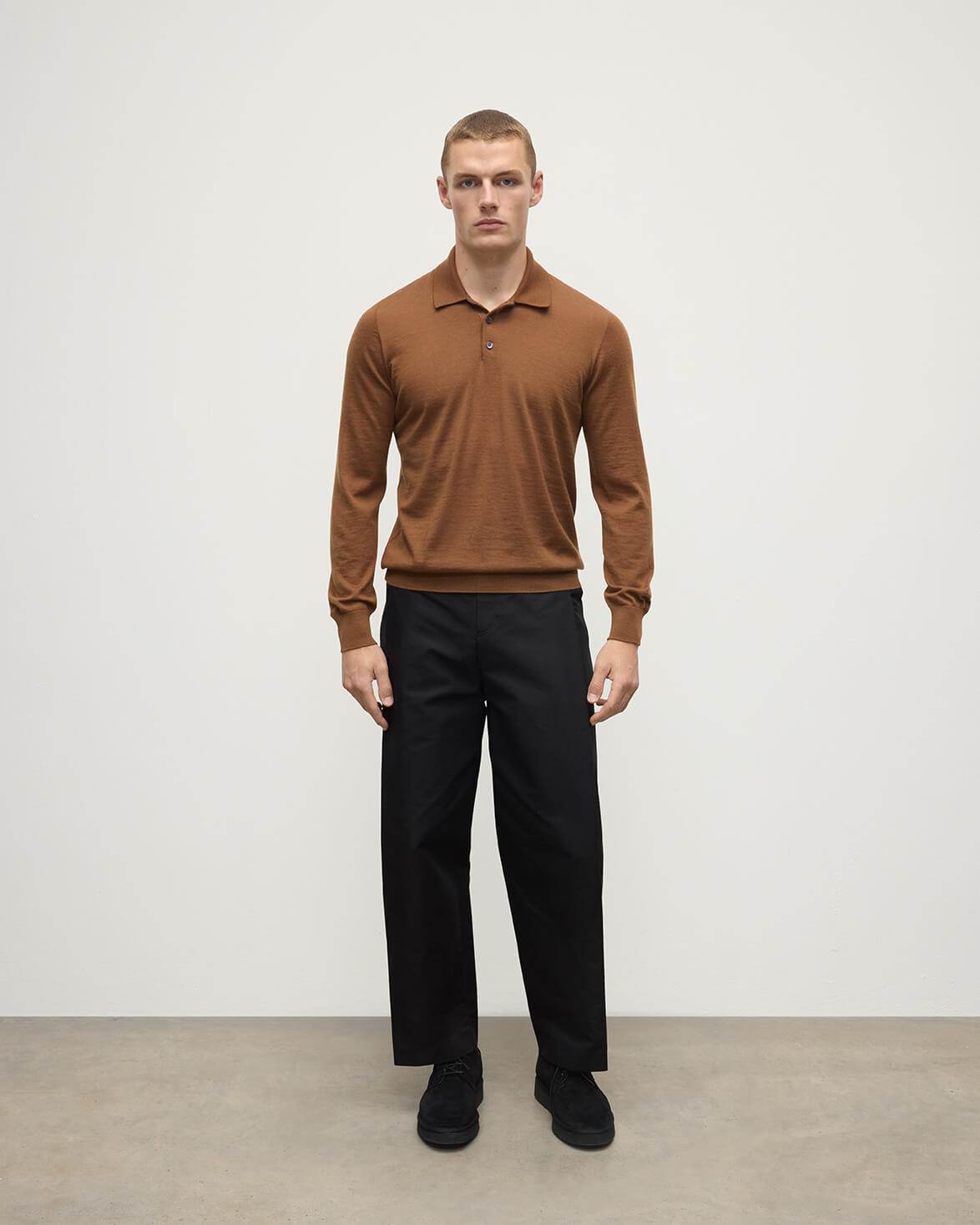 Johnstons of Elgin AW25 Men's Knitwear Dark Camel Camel Cashmere Polo Shirt KAI05481SB7300