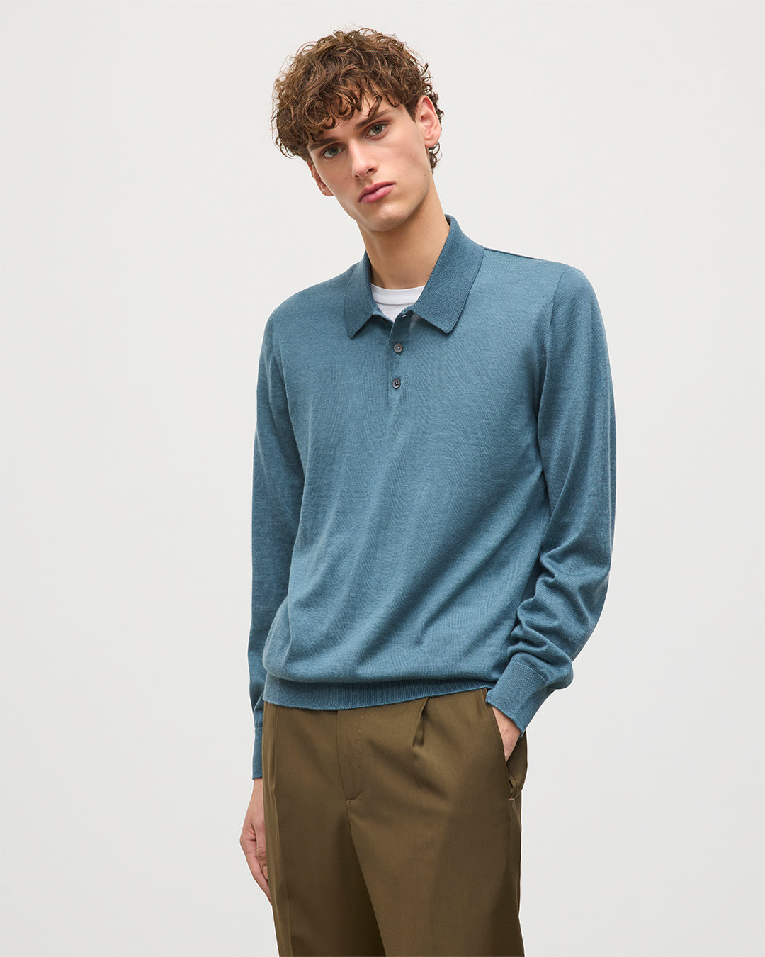 MENS FIN SUPERFINE LONG SLEEVE POLOSHIRT GREEN 100% SUPERFINE CASHMERE KAI05481SD5242