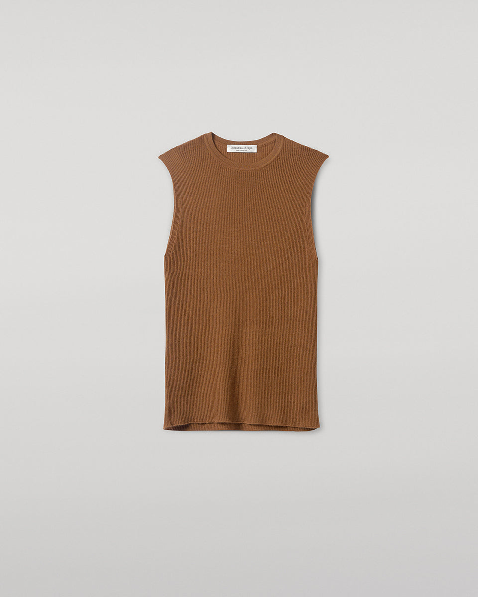 Johnstons of Elgin AW25 Women's Knitwear Dark Camel Sleeveless Camel Tank Top armhole details KAI05559SB7300