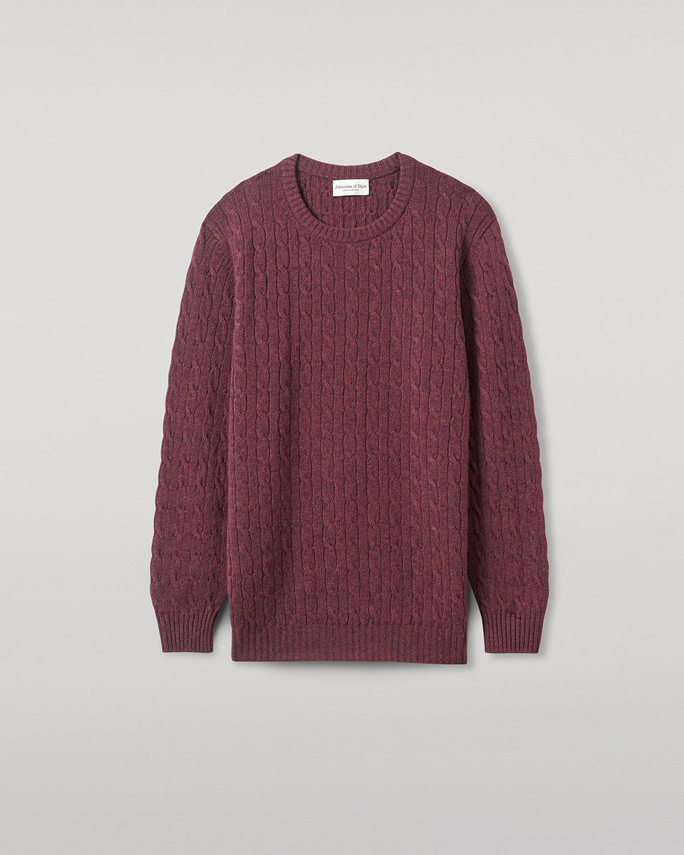 Johnstons of Elgin AW25 Men's Knitwear Damson Cable Knit Cashmere Jumper Details KAI05693HE7064