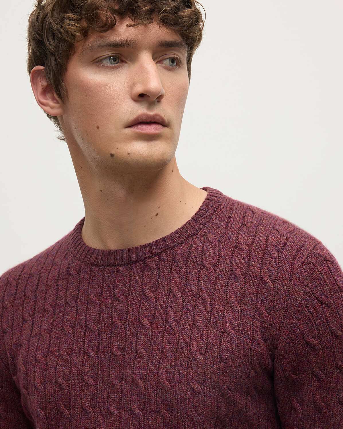 Model wears Johnstons of Elgin AW25 Men's Knitwear Damson Cable Knit Cashmere Jumper Details KAI05693HE7064