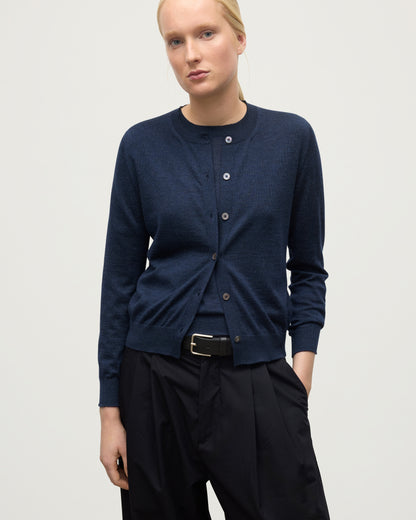MODEL WEARS JOHHNSTONS OF ELGIN WOMENS HONOR CREW CARDIGAN NAVY 100% SUPERFINE CASHMERE OVER MATCHING CASHMERE T-SHIRT KAI05708HD7350