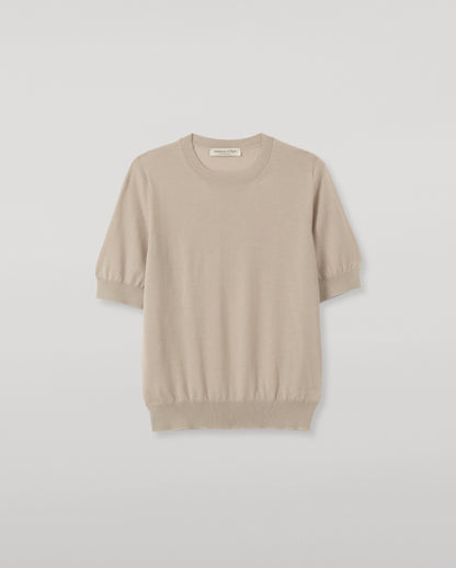 JOHNSTONS OF ELGIN HONOR SHORT SLEEVE CREW SUPERFINE CASHMERE ROUND NECK SHORT SLEEVE SWEATER - 3 PLY CREAM 100% CASHMERE KAI05712SA0664