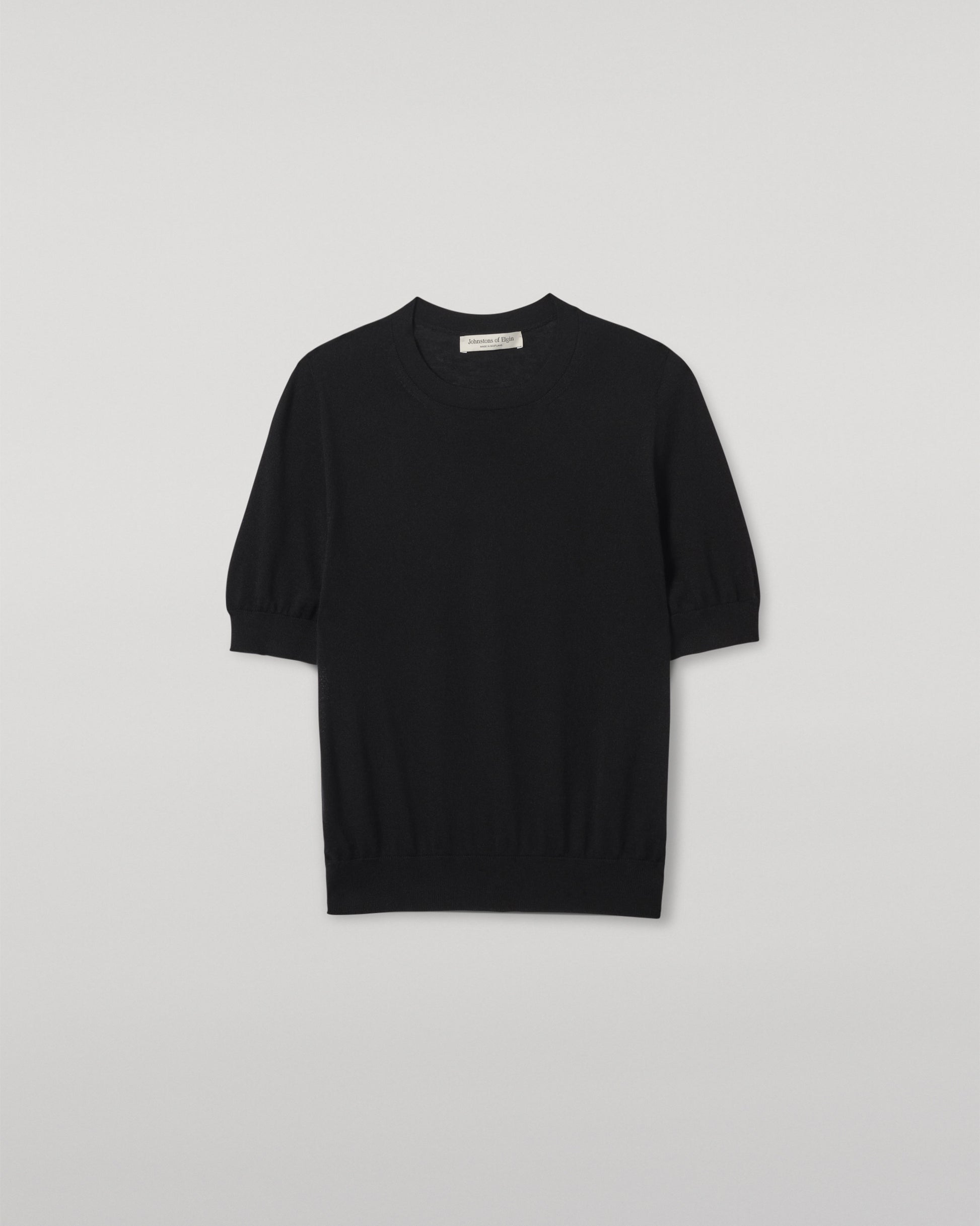JOHNSTONS OF ELGIN WOMENS HONOR SHORT SLEEVE CREW BLACK 100% SUPERFINE CASHMERE KAI05712SA7146