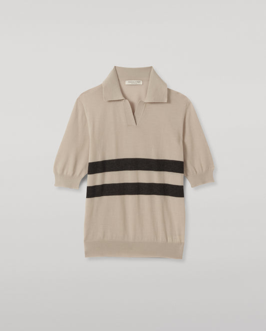 JOHNSTONS OF ELGIN COIRA SHORT SLEEVE SHIRT SUPERFINE CASHMERE OPEN POLO SHIRT WITH CONTRAST TRIMS - 3 PLY CREAM & GREY 100% CASHMERE KAI05714Q26408