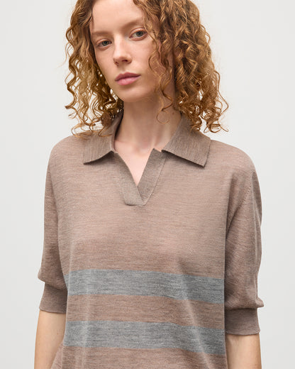 JOHNSTONS OF ELGIN WOMENS COIRA SHORT SLEEVE SHIRT BROWN & GREY 100% SUPERFINE CASHMERE KAI05714Q25956