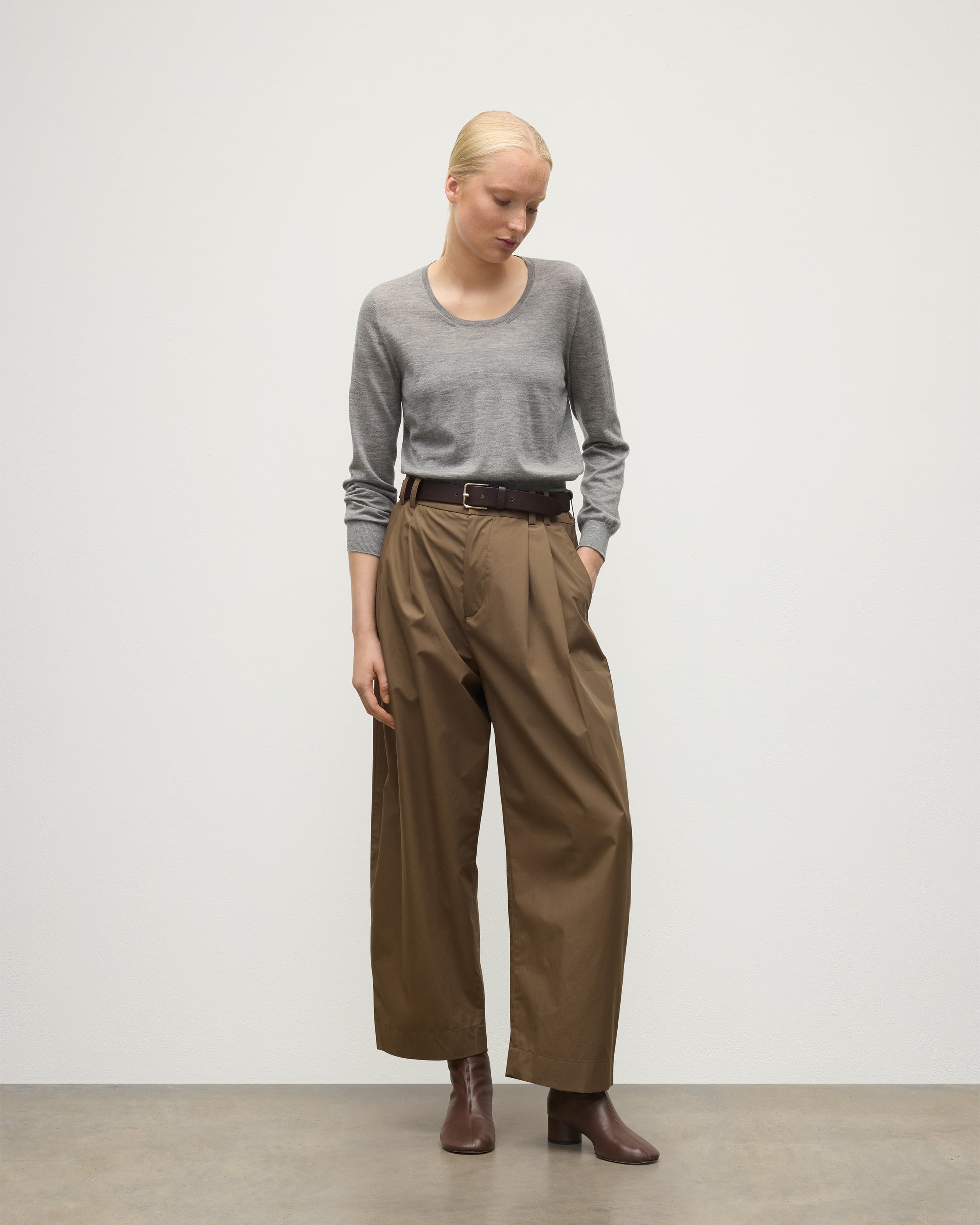 MODEL WEAR JOHNSTONS OF ELGIN WOMENS ELLA SCOOP SWEATER GREY WITH BROWN WIDE LEG TROUSERS AND BROWN BOOTS KAI05723HA4253