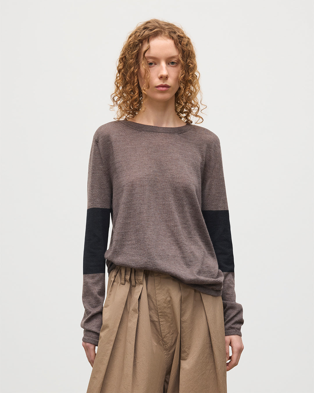 JOHNSTONS OF ELGIN WOMENS EUNA T-SHIRT LIGHT BROWN & BLACK 100% SUPERFINE CASHMERE KAI05761Q25959