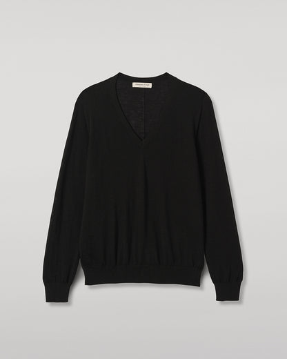 JOHNSTONS OF ELGIN BEATRICE VEE SWEATER SUPERFINE CASHMERE VEE NECK SWEATER WITH LINKS STITCH DETAIL - 3 PLY BLACK 100% CASHMERE KAI05972SA7146