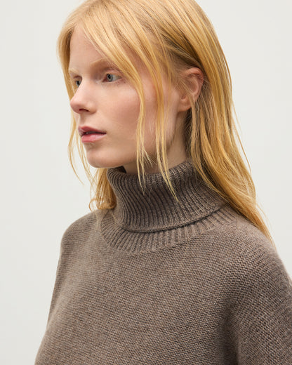 JOHNSTONS OF ELGIN MAGGIE ROLL NECK SWEATER CASHMERE REVERSE STITCH ROLL NECK SWEATER - 8 PLY BROWN 100% CASHMERE KAI05983HB7128