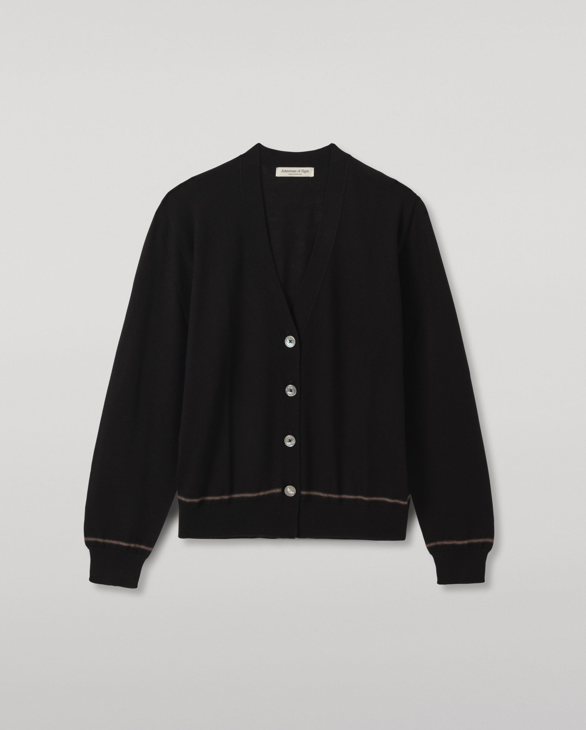 JOHNSTONS OF ELGIN EFFIE VEE CARDIGAN SUPERFINE CASHMERE VEE NECK CARDIGAN WITH TIPPING - 3 PLY BLACK 100% CASHMERE KAI06032Q26334