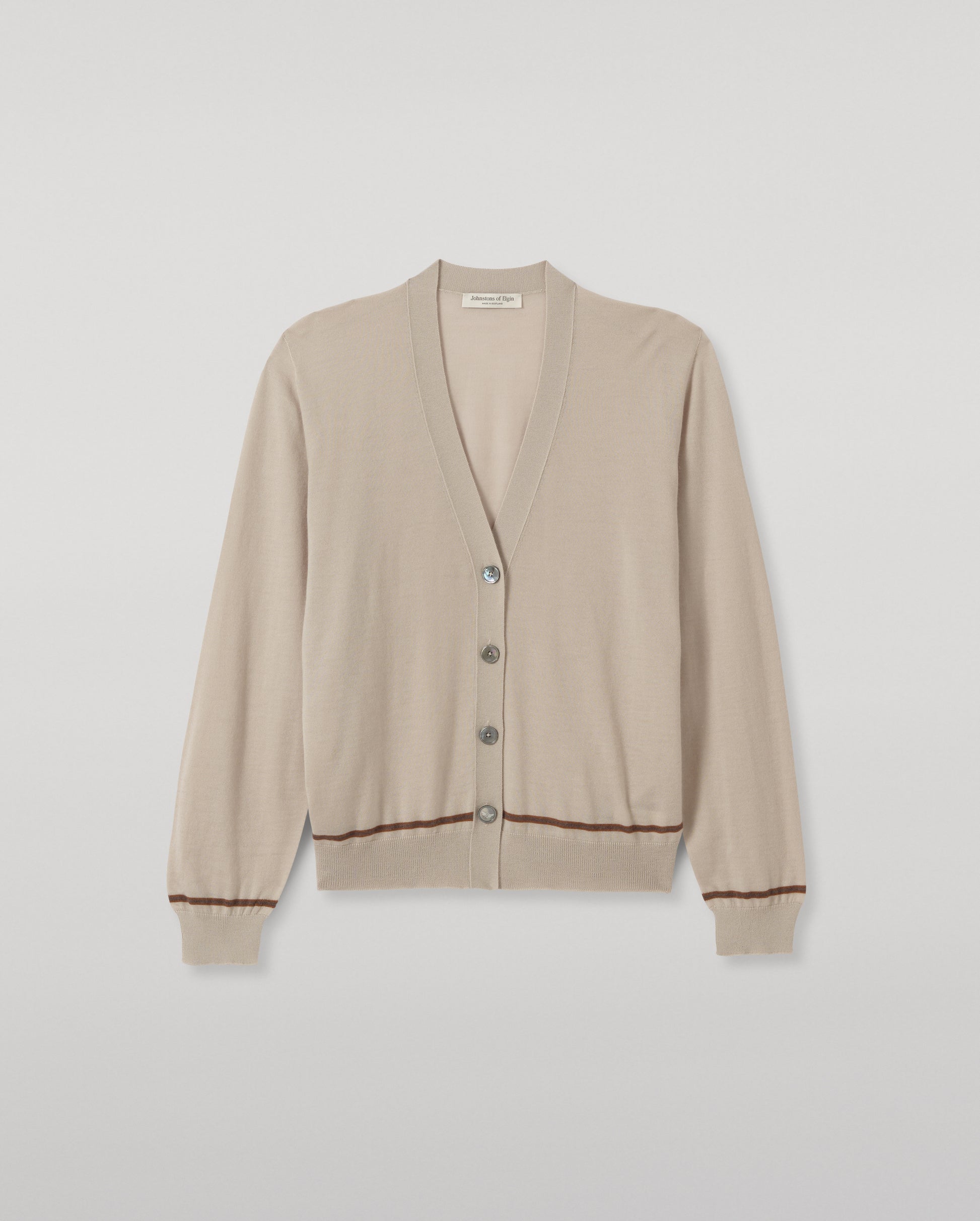 JOHNSTONS OF ELGIN EFFIE VEE CARDIGAN SUPERFINE CASHMERE VEE NECK CARDIGAN WITH TIPPING - 3 PLY CREAM 100% CASHMERE KAI06032Q26335