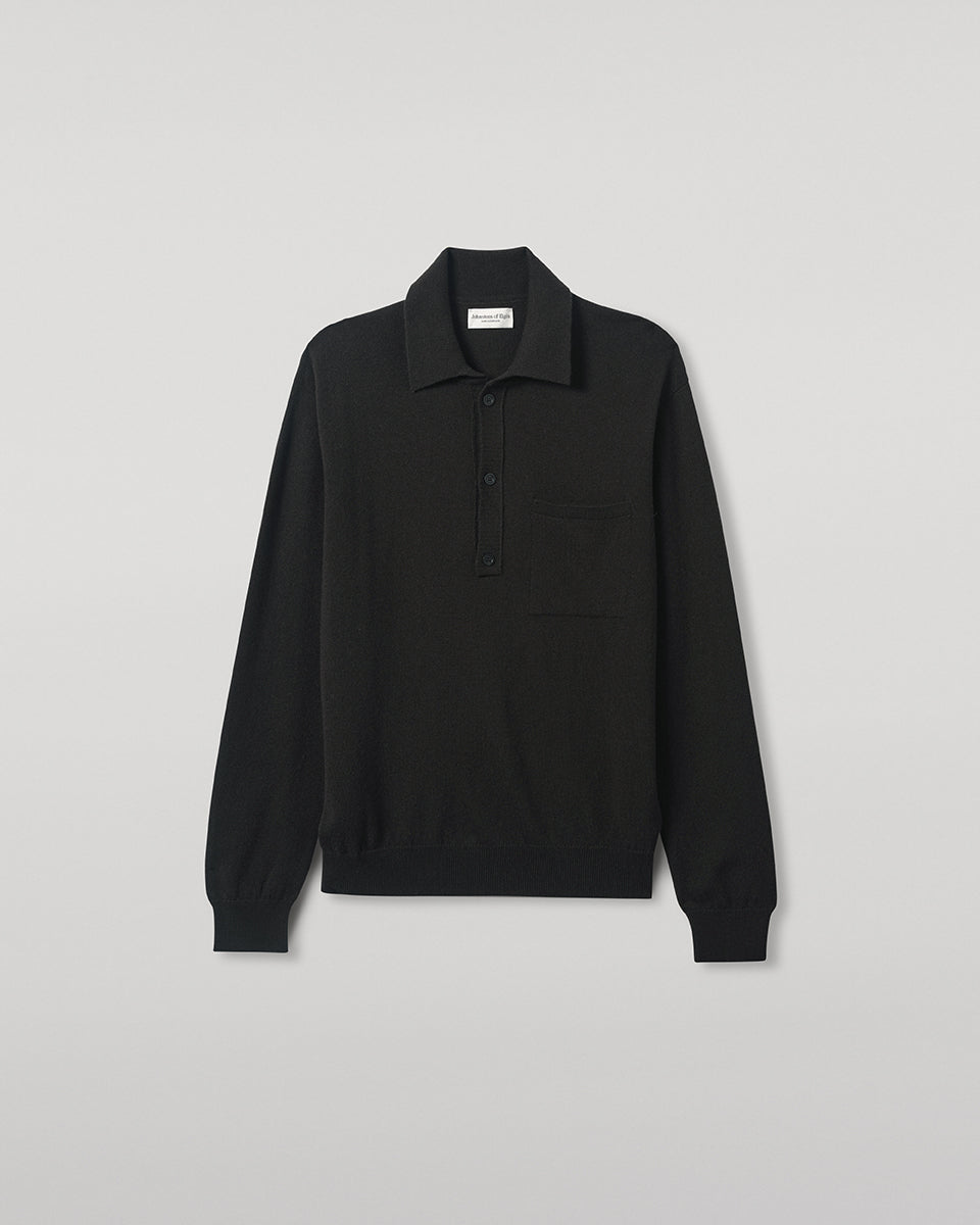 Johnstons of Elgin AW25 Men's Knitwear Iron Cashmere Long Sleeve Grey Poloshirt worn by model details view KAP05268Q25357