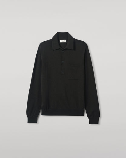 Johnstons of Elgin AW25 Men's Knitwear Iron Cashmere Long Sleeve Grey Poloshirt worn by model details view KAP05268Q25357